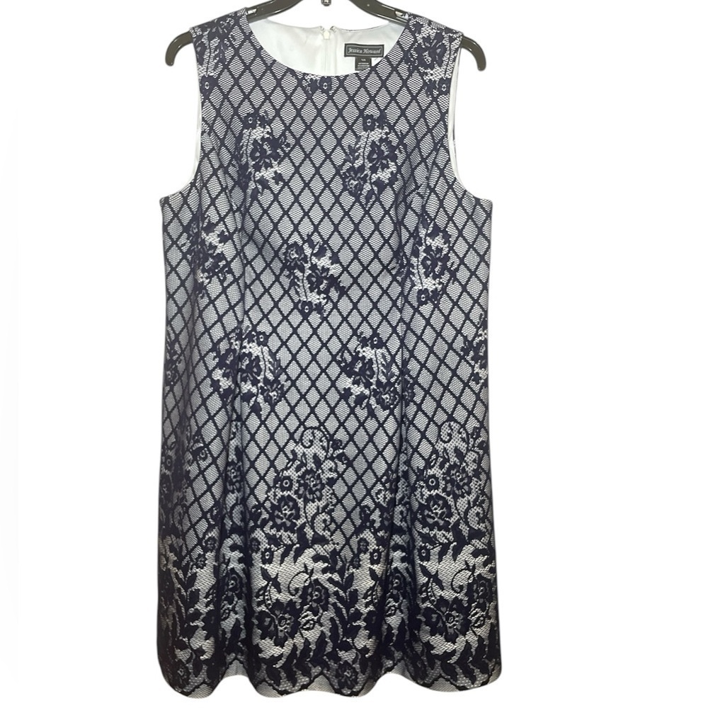 EUC Jessica Howard white with navy lace dress sz 16W